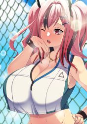 Rule 34 | 1girl, absurdres, azur lane, bare shoulders, black hair, blue sky, blurry, blurry background, breasts, bremerton (azur lane), bremerton (scorching-hot training) (azur lane), chain-link fence, cleavage, cloud, collarbone, commentary request, crop top, crop top overhang, day, fence, groin, hair between eyes, hair intakes, hair ornament, hand on own hip, hand on own cheek, hand on own face, hand up, heart, heart necklace, highres, jewelry, large breasts, lens flare, long hair, mole, mole under eye, multicolored hair, navel, necklace, official alternate costume, one eye closed, open mouth, outdoors, paid reward available, pink eyes, pink hair, shirt, sidelocks, sky, sleeveless, sleeveless shirt, solo, sportswear, standing, streaked hair, sweat, teeth, tennis uniform, twintails, two-tone hair, two-tone shirt, upper body, upper teeth only, utani (punishment), white shirt, wristband, x hair ornament