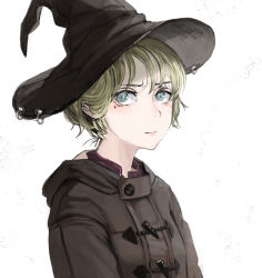 Rule 34 | 1girl, blonde hair, blue eyes, blush, brown coat, brown hat, closed mouth, coat, diva (hyxpk), hat, highres, looking at viewer, mole, mole under eye, original, short hair, simple background, solo, upper body, white background, witch hat