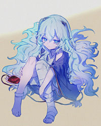 Rule 34 | 1girl, anklet, bandaged leg, bandages, barefoot, blood, blood bag, blue eyes, blue hair, expressionless, full body, girls&#039; frontline, intravenous drip, jewelry, long hair, ribeyrolles (girls&#039; frontline), shionty, sitting, solo, transfusion, wavy hair