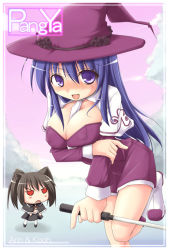 Rule 34 | arin, between breasts, blue eyes, blue hair, blush, breasts squeezed together, breasts, chibi, cleavage, dress, covered erect nipples, hat, kooh, kurikara, large breasts, long hair, open mouth, pangya, witch
