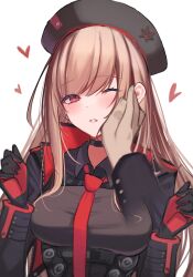 Rule 34 | 1boy, 1girl, beret, black choker, black hat, black jacket, blush, breasts, brown hair, choker, collared leotard, cropped jacket, disembodied limb, gloves, goddess of victory: nikke, hand on another&#039;s cheek, hand on another&#039;s face, hands up, hat, heart, highres, jacket, large breasts, long hair, long sleeves, looking at viewer, necktie, one eye closed, open clothes, open jacket, parted lips, rapi (nikke), red eyes, red necktie, simple background, solo, solo focus, swept bangs, two-tone gloves, upper body, wabimochi, white background