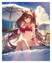 Rule 34 | 1girl, :o, animal ears, bikini, blue sky, bow, breasts, brown hair, cloud, commentary, cup, daiwa scarlet (trifle vacation) (umamusume), daiwa scarlet (umamusume), day, drink, drinking glass, drinking straw, hair bow, highres, horse ears, horse girl, horse tail, large breasts, long hair, looking at viewer, low twintails, navel, official alternate costume, parasol, partially submerged, petals, pool, red bikini, red bow, red eyes, sitting, sky, solo, swimsuit, tail, tsunakawa, twintails, twitter username, umamusume, umbrella, very long hair, water