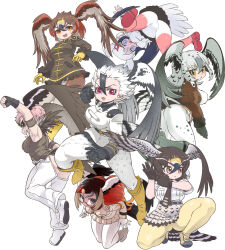 Rule 34 | 6+girls, bird girl, bird tail, bird wings, black hair, boots, brown hair, feathered wings, glasses, gloves, golden eagle (kemono friends), grey hair, harpy eagle (kemono friends), head wings, highres, jacket, kemono friends, king vulture (kemono friends), kuro (kurojill), lappet-faced vulture (kemono friends), long hair, looking at viewer, martial eagle (kemono friends), multicolored hair, multiple girls, necktie, oriental stork (kemono friends), pants, pantyhose, peregrine falcon (kemono friends), pink hair, red hair, shirt, short hair, simple background, skirt, sleeveless, tail, white hair, wings