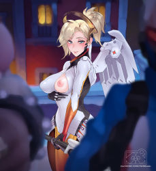 Rule 34 | 1girl, 2boys, artist name, blonde hair, blue eyes, blush, breasts, exhibitionism, eye contact, flashing, half-closed eyes, halo, highres, lips, looking at another, mechanical halo, mercy (overwatch), multiple boys, nipples, oppai challenge, overwatch, overwatch 1, pandami, pantyhose, ponytail, public indecency, soldier: 76 (overwatch), sweat, watermark, web address