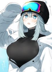 Rule 34 | 1girl, :o, beanie, black hat, black sweater, blue eyes, blue hair, blush, breasts, coat, goggles, goggles on headwear, hair between eyes, hand up, hat, huge breasts, long hair, long sleeves, mittens, nekoume, open mouth, original, simple background, solo, sweat, sweater, white coat, white mittens, winter clothes, winter coat