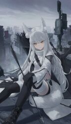 Rule 34 | 1girl, animal ear fluff, animal ears, arknights, arrow (projectile), black footwear, black gloves, black shorts, black thighhighs, boots, bow (weapon), breasts, city, closed mouth, coat, commentary, compound bow, feet out of frame, gloves, grey sky, hand on own knee, highres, holding, holding arrow, horse ears, horse girl, horse tail, kiek qaq, light smile, long hair, looking at viewer, midriff, outdoors, platinum (arknights), quiver, short shorts, shorts, sidelocks, sitting, sky, small breasts, solo, tail, thighhighs, turtleneck, very long hair, weapon, white coat, white hair, white shorts, yellow eyes, zipper