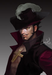 Rule 34 | 10s, 1boy, 2013, beard, black hair, coat, cross, cross necklace, dated, dracule mihawk, facial hair, hat, high collar, jewelry, lining, male focus, mustache, necklace, one piece, open clothes, open coat, ping (caoyanping198793), plume, short hair, shueisha, signature, simple background, solo, upper body, yellow eyes