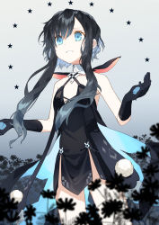 Rule 34 | 1girl, black dress, black gloves, black hair, blue eyes, breasts, collared dress, dress, flower, gloves, gradient background, highres, original, silhouette, simple background, sleeveless, sleeveless dress, small breasts, solo, standing, star (symbol), usalxlusa