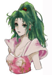 Rule 34 | 1girl, armor, breasts, dress, earrings, final fantasy, final fantasy vi, green eyes, green hair, hair ornament, high ponytail, jewelry, long hair, looking at viewer, medium breasts, parted bangs, parted lips, pink dress, ponytail, shoulder armor, sketch, solo, soo (sr00a2ht), tina branford, upper body, white background