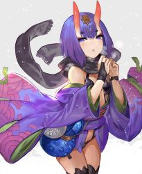 Rule 34 | 1girl, :o, absurdres, akizone, bare shoulders, black bra, black gloves, black panties, black scarf, black thighhighs, bra, breath, bridal gauntlets, commentary, cowboy shot, eyeshadow, fang, fate/grand order, fate (series), gloves, gourd, hair ornament, hands up, highres, horns, japanese clothes, kimono, legs together, long sleeves, looking at viewer, makeup, obi, oni, panties, parted lips, purple eyes, purple hair, purple kimono, revealing clothes, sash, scarf, short eyebrows, short hair, shuten douji (fate), skin-covered horns, snowing, solo, standing, thighhighs, underwear