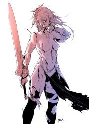 Rule 34 | 1girl, abs, artist name, blood, blood on face, breasts, clarent (fate), detached collar, detached sleeves, f.w.zholic, fate/grand order, fate (series), glowing, glowing eyes, holding, holding sword, holding weapon, injury, medium breasts, mordred (fate), mordred (fate/apocrypha), navel, ponytail, reverse grip, sketch, solo, standing, sword, toned, topless, torn clothes, torn legwear, weapon, white background, wiping mouth