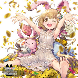 Rule 34 | 1girl, ahoge, animal ears, armpits, arms up, barefoot, blonde hair, blush, brown eyes, candy, coin, collarbone, commentary request, copyright name, crocs, dress, ek masato, fake animal ears, flower, food, unworn footwear, frilled dress, frills, futaba anzu, gold, hair flower, hair ornament, idolmaster, idolmaster cinderella girls, lollipop, long hair, low twintails, money, one eye closed, open mouth, oversized object, rabbit ears, shoes, unworn shoes, sitting, sleeveless, sleeveless dress, smile, soles, solo, stuffed animal, stuffed rabbit, stuffed toy, swirl lollipop, twintails, white dress