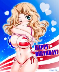 1girl american_flag american_flag_background american_flag_bikini american_flag_print bikini blonde_hair blue_eyes breasts camisole flag_print girls_und_panzer heart highres kay_(girls_und_panzer) kuromori_yako large_breasts long_hair one_eye_closed pink_camisole print_bikini side-tie_bikini_bottom smile swimsuit undressing