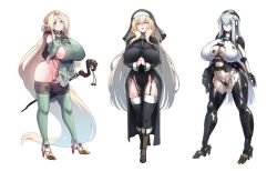Rule 34 | 1girl, 3girls, absurdly long hair, absurdres, android, android (konoshige), aqua eyes, ass, blonde hair, blue eyes, blush, boots, breasts, cleavage, cleavage cutout, clothing cutout, crotch plate, ear piercing, earrings, elbow gloves, elf, elf mage (konoshige), frills, full body, garter straps, gloves, grey hair, groin, gun, habit, high heels, highres, huge breasts, jewelry, joints, knee boots, konoshige (ryuun), large breasts, light android (konoshige), long hair, mechanical arms, mechanical legs, mechanical parts, multiple girls, navel, no panties, nun, nun (konoshige), open mouth, original, pelvic curtain, piercing, pointy ears, revealing clothes, robot, robot girl, robot joints, sagging breasts, sideboob, sidelocks, sister-san (konoshige), skindentation, smile, staff, standing, submachine gun, thick thighs, thighhighs, thighs, transparent background, very long hair, weapon, yellow eyes