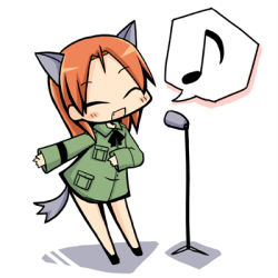 Rule 34 | 1girl, animal ears, brown hair, chibi, dog ears, dog tail, fang, lowres, luu, microphone, minna-dietlinde wilcke, music, musical note, singing, solo, strike witches, tail, world witches series
