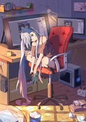 Rule 34 | 1girl, aqua hair, artist self-reference, bag, black socks, blue eyes, blue hair, book, box, brand name imitation, cardboard box, cellphone, chair, commentary request, computer, crumpled paper, desk, drawing tablet, fate/grand order, fate (series), gradient hair, hatsune miku, head tilt, highres, holding, holding phone, indoors, jeanne d&#039;arc (fate), jeanne d&#039;arc (ruler) (fate), keyboard, long hair, mihoyo, mobu (wddtfy61), monitor, multicolored hair, no shoes, office chair, painttool sai, phone, picture frame, pink footwear, purple hair, recursion, school bag, shelf, sitting, slippers, unworn slippers, socks, solo, star (symbol), swivel chair, trash can, twintails, very long hair, vocaloid, wall lamp