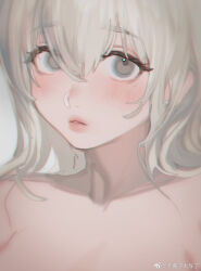 1girl bare_shoulders blonde_hair check_copyright collarbone commentary copyright_request expressionless eyelashes grey_background grey_eyes hair_between_eyes highres light_blush long_hair original parted_lips pink_lips quuni solo symbol-only_commentary topless upper_body weibo_watermark