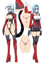 Rule 34 | ass, blue hair, breasts, character sheet, concept art, ishimiso (ishimura), large breasts, multiple views, red eyes, tail, thong