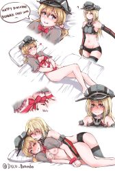 Rule 34 | 10s, 2girls, ;d, ?, adapted costume, alternate costume, artist name, bare shoulders, bed sheet, bismarck (kancolle), black shorts, blonde hair, blush, body blush, bottomless, bound, bound wrists, bow, bowtie, breasts, capelet, collarbone, comic, crop top, disco brando, english text, fingering, frills, grabbing, grabbing another&#039;s breast, grey hat, grey legwear, grin, hair ornament, hat, heart, heart-shaped pupils, heart hair ornament, highres, incest, kantai collection, long hair, low twintails, lying, medium breasts, multiple girls, navel, nipples, nose blush, on back, on bed, on side, one eye closed, open mouth, own hands together, parted lips, peaked cap, prinz eugen (kancolle), red bow, red bowtie, shorts, smile, speech bubble, stomach, symbol-shaped pupils, talking, teeth, thighhighs, twintails, twitter username, upper body, v arms, yuri
