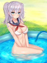 Rule 34 | 10s, 1girl, :o, artist name, bare arms, bare legs, bare shoulders, between legs, bikini, bikini top only, blue eyes, blue sailor collar, blush, bottomless, breasts, cleavage, collarbone, day, ero waifu, grass, groin, hair between eyes, halterneck, hand between legs, highres, hose, kantai collection, kashima (kancolle), large breasts, looking at viewer, medium hair, navel, neckerchief, no panties, open mouth, outdoors, partially submerged, red neckerchief, ripples, sailor collar, seiza, short hair, sidelocks, silver hair, sitting, solo, stomach, swimsuit, twintails, wading pool, water, wavy hair, wet, white bikini