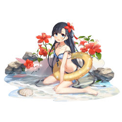 Rule 34 | 1girl, :d, absurdres, ark order, bad id, bad pixiv id, bare arms, bare shoulders, between legs, bikini, black hair, blue bikini, blue eyes, blush, breasts, bridal garter, cleavage, collarbone, commentary request, flower, front-tie bikini top, front-tie top, full body, hair flower, hair ornament, hair rings, hibiscus, highres, innertube, jewelry, kneeling, long hair, looking at viewer, medium breasts, navel, necklace, open mouth, red flower, rock, side-tie bikini bottom, sidelocks, simple background, smile, solo, stomach, strap slip, swim ring, swimsuit, very long hair, water, white background, yue yue