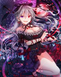 Rule 34 | 1girl, black bow, black ribbon, blush, bow, breasts, cleavage, earrings, falkyrie no monshou, fang, heterochromia, holding, holding umbrella, jewelry, large breasts, long hair, looking at viewer, natsumekinoko, official art, open mouth, parasol, purple eyes, red eyes, red ribbon, ribbon, silver hair, smile, solo, umbrella
