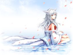 Rule 34 | 1girl, ahri (league of legends), alternate hair color, animal ears, bare shoulders, barefoot, fox ears, fox tail, ihet, league of legends, long hair, multiple tails, petals, red eyes, solo, tail, water, white hair