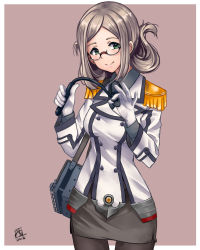 Rule 34 | 10s, 1girl, breasts, brown background, brown hair, brown pantyhose, buttons, collared shirt, dated, double-breasted, epaulettes, folded ponytail, glasses, gloves, green eyes, highres, jacket, kantai collection, katori (kancolle), light brown hair, long hair, long sleeves, looking at viewer, medium breasts, military, military uniform, miniskirt, mistrail, necktie, pantyhose, parted bangs, pencil skirt, pointer, riding crop, semi-rimless eyewear, shirt, signature, simple background, skirt, smile, solo, strap, under-rim eyewear, uniform, white gloves