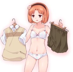Rule 34 | 1girl, bad id, bad pixiv id, bow, bow bra, bow panties, bra, brown eyes, brown hair, brown skirt, clothes hanger, commentary, cowboy shot, dress shirt, flower, hair flower, hair ornament, hairband, holding, holding clothes hanger, kentani school uniform, lace, lace-trimmed bra, lace trim, miniskirt, navel, open mouth, panties, parted bangs, pleated skirt, saki, saki (manga), saki achiga-hen, school uniform, shirt, short hair, skirt, smile, solo, standing, sweater vest, underwear, underwear only, unworn shirt, unworn skirt, vest, white bra, white panties, white shirt, yasufuku riko, yellow vest, yoi naosuke