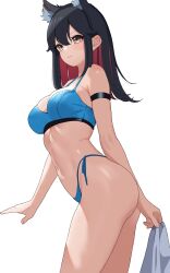Rule 34 | 1girl, absurdres, animal ears, arknights, arm strap, ass, bare shoulders, bikini, binware, black hair, blue bikini, breasts, brown eyes, colored inner hair, commentary request, cowboy shot, highres, long hair, looking at viewer, medium breasts, multicolored hair, navel, red hair, simple background, solo, standing, stomach, swimsuit, texas (arknights), thighs, white background, wolf ears