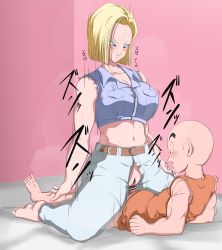 Rule 34 | 1girl, absurdres, android 18, bald, bar censor, belt, blonde hair, blue eyes, blush, bob cut, bottomless, breasts, censored, cleavage, clothed sex, cowgirl position, dragon ball, dragonball z, girl on top, groin, hazama null, highres, kuririn, large breasts, legs, lying, medium hair, midriff, navel, no panties, open mouth, parted lips, penis, pink background, pussy, sex, simple background, sleeveless, smile, sound effects, speed lines, straddling, sweat, thighs, unzipped, vaginal