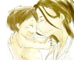 Rule 34 | 1boy, 1girl, ^ ^, baby, bad id, bad pixiv id, black hair, closed eyes, dreadlocks, closed eyes, family, forehead-to-forehead, from side, fullmetal alchemist, happy, heads together, holding, izumi curtis, mother and son, open mouth, smile, wrath (fma), wrath curtis, yellow theme, aged down