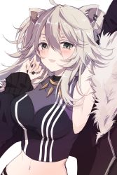 Rule 34 | 1girl, :d, animal ears, armpits, black jacket, black nails, blush, breasts, cleavage, fur trim, grey eyes, grey hair, hair between eyes, highres, hololive, jacket, lion ears, lion girl, looking at viewer, medium breasts, nail polish, navel, open mouth, see-through, see-through cleavage, shishiro botan, shishiro botan (1st costume), smile, solo, sotsunaku, upper body, virtual youtuber, white background