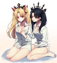 Rule 34 | 2girls, :d, absurdres, alternate costume, bad id, bad pixiv id, bare legs, between legs, black hair, black ribbon, blonde hair, blush, breasts, chirang, cleavage, crown, earrings, ereshkigal (fate), fate/grand order, fate (series), full body, hair ribbon, hand between legs, hand on another&#039;s shoulder, hand on own chest, highres, hoop earrings, huge filesize, infinity symbol, ishtar (fate), jewelry, legs, long hair, medium breasts, multiple girls, naked shirt, no bra, open mouth, red eyes, red ribbon, ribbon, seiza, shirt, siblings, simple background, sisters, sitting, small breasts, smile, smug, thighs, two side up