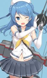Rule 34 | 10s, 1girl, ;d, bare shoulders, black thighhighs, blue background, blue eyes, blue hair, cowboy shot, double bun, elbow gloves, gloves, hair between eyes, hair bun, hat, hat ribbon, kantai collection, long hair, looking at viewer, matching hair/eyes, navel, one eye closed, open mouth, pleated skirt, ribbon, school uniform, serafuku, simple background, skirt, sleeves rolled up, smile, solo, takayaki, thigh strap, thighhighs, urakaze (kancolle), white gloves, white hat