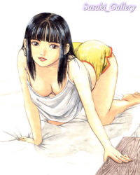 Rule 34 | 1girl, all fours, arm support, barefoot, black hair, blue eyes, blunt bangs, camisole, collarbone, downblouse, full body, h.sasaki, looking at viewer, original, solo