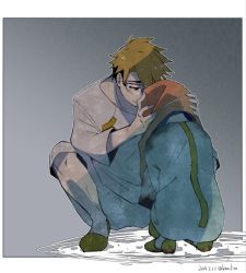 Rule 34 | 10s, 1boy, 1girl, black border, blonde hair, border, darling in the franxx, forehead-to-forehead, glasses, gorou (darling in the franxx), grey background, heads together, ichigo (darling in the franxx), pajamas, sad, simple background, slippers, squatting, towel, towel on head, twitter username