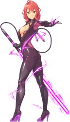 Rule 34 | 1girl, ass, beam saber, black legwear, breasts, brown eyes, cleavage, flat ass, full body, high heels, kidou senshachiha tan x, looking at viewer, official art, outstretched hand, purple footwear, red hair, shoes, skin tight, solo, standing, transparent background, twisted torso