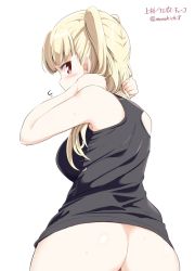 Rule 34 | 1girl, arms up, artist name, ass, bare arms, bare shoulders, black shirt, blonde hair, blunt bangs, blush, bottomless, breasts, flying sweatdrops, from behind, hands in hair, kichihachi, large breasts, long hair, looking back, profile, red eyes, shirt, sleeveless, sleeveless shirt, solo, tokyo 7th sisters, twintails, uesugi u. kyouko
