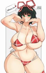 Rule 34 | 1girl, absurdres, artist name, bikini, blush, bow, breasts, cleavage, collarbone, cowboy shot, curvy, english text, fubuki (one-punch man), green eyes, green hair, groin, hair bow, heart, highres, huge breasts, looking at viewer, multi-strapped bikini bottom, munah munah, navel, one-punch man, parted lips, short hair, sidelocks, signature, skindentation, smile, solo, speech bubble, spoken heart, standing, swimsuit, thick thighs, thighs, wide hips