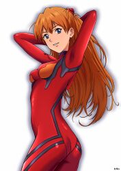 1girl absurdres arms_up ass blue_eyes bodysuit breasts cowboy_shot from_side highres interface_headset long_hair looking_at_viewer mecha_pilot_suit neon_genesis_evangelion orange_hair plugsuit red_bodysuit simple_background small_breasts smile souryuu_asuka_langley standing teeth tokai variant_set very_long_hair white_background