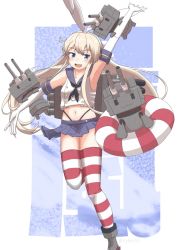 Rule 34 | 1girl, aaoi, arm up, black hairband, black neckerchief, black panties, blonde hair, blue sailor collar, blue skirt, commentary request, crop top, elbow gloves, full body, gloves, grey eyes, hairband, highleg, highleg panties, highres, kantai collection, long hair, looking at viewer, machinery, microskirt, miniskirt, neckerchief, panties, pleated skirt, rensouhou-chan, sailor collar, shimakaze (kancolle), skirt, smile, striped clothes, striped thighhighs, thighhighs, underwear, white gloves