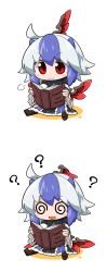 Rule 34 | &gt;:3, 1girl, :3, :d, ?, @ @, ahoge, blue hair, book, byourou, chibi, confused, english text, head wings, highres, horns, math, multicolored hair, open book, open mouth, reading, red eyes, short hair, silver hair, smile, solo, tokiko (touhou), touhou, two-tone hair, v-shaped eyebrows, wings