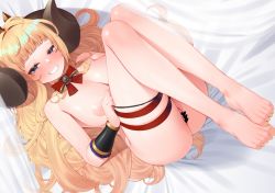 Rule 34 | 1girl, ahoge, anila (granblue fantasy), barefoot, black panties, blonde hair, blue eyes, blush, bow, breasts, brooch, cagliostro (granblue fantasy), censored, commentary request, crown, draph, feet, granblue fantasy, grin, heart, heart censor, highres, horns, jewelry, kourui, large breasts, lips, long hair, looking at viewer, lying, nail polish, nipples, on back, panties, panty pull, pussy, red bow, sheep horns, smile, solo, thigh strap, toes, topless, underwear, yellow nails