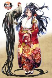 Rule 34 | 10s, 1girl, 2017, alternate costume, arrow (projectile), bird, black hair, blue eyes, blush, chicken, chinese zodiac, closed mouth, floral print, full body, fur trim, japanese clothes, kantai collection, katsuragi (kancolle), kimono, kyogoku shin, long hair, long sleeves, looking at viewer, multicolored clothes, multicolored kimono, ponytail, rooster, sandals, smile, solo, translation request, white legwear, wide sleeves, year of the rooster