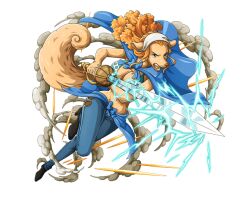 Rule 34 | 1girl, animal ears, blue cape, bra, breasts, cape, denim, dog ears, dog tail, holding, holding sword, holding weapon, jeans, lightning, long hair, medium breasts, official art, one piece, one piece treasure cruise, open mouth, orange hair, pants, rapier, sword, tail, teeth, underwear, wanda (one piece), weapon