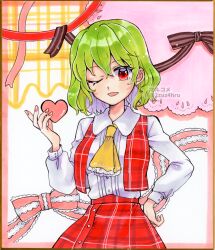 Rule 34 | 1girl, 2zuz4hru, :d, buttons, collared shirt, commentary request, cowboy shot, fingernails, frilled ribbon, frills, green hair, heart, kazami yuuka, long sleeves, marker (medium), medium hair, nail polish, one eye closed, open clothes, open mouth, open vest, pink nails, pink ribbon, plaid, plaid skirt, plaid vest, puffy sleeves, red eyes, red skirt, red vest, ribbon, shirt, skirt, smile, solo, touhou, traditional media, vest, white shirt