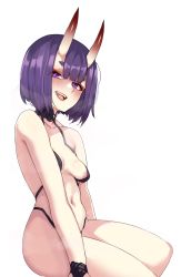 Rule 34 | 1girl, areola slip, breasts, fate/grand order, fate (series), highres, large areolae, looking at viewer, medium breasts, medium hair, purple hair, shuten douji (fate), simple background, sitting, smile, solo, todding, white background