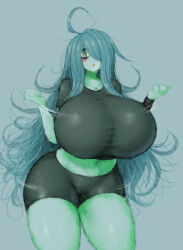 Rule 34 | 1girl, 2b-ge, ahoge, bags under eyes, blush, breasts, collarbone, cowboy shot, exercising, eyelashes, female focus, gigantic breasts, green theme, hair over one eye, highres, limited palette, long hair, looking at viewer, mei (2b-ge), midriff, motion lines, navel, original, shiny skin, shorts, skindentation, solo, spot color, sweat, taut clothes, thick thighs, thighs, w arms