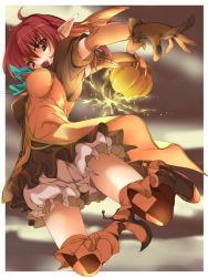 Rule 34 | 1girl, alric, asymmetrical legwear, bloomers, boots, breasts, checkered clothes, checkered legwear, elbow gloves, fang, gloves, halloween, mismatched legwear, original, pointy ears, pumpkin, red eyes, red hair, rinimi, solo, thighhighs, underwear, wings